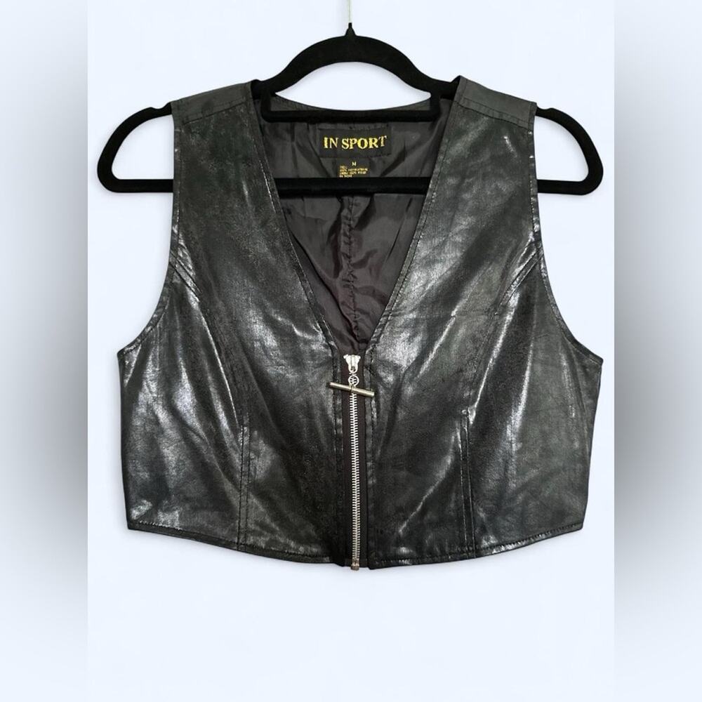 Vintage IN SPORT Black polyurethane faux leather zip-up crop top M
